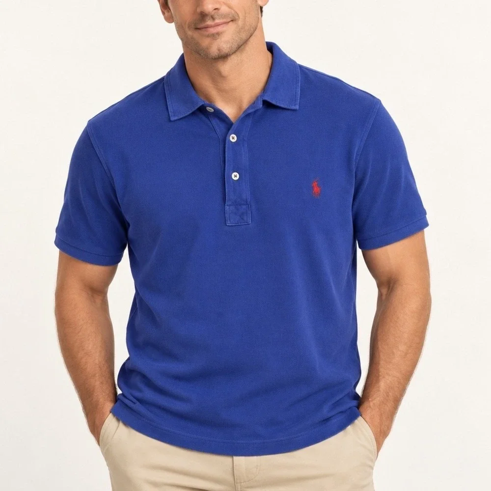 Polo Ralph Lauren Blue Featherweight Mesh 3 Button Polo Shirt Men's XL Red Pony